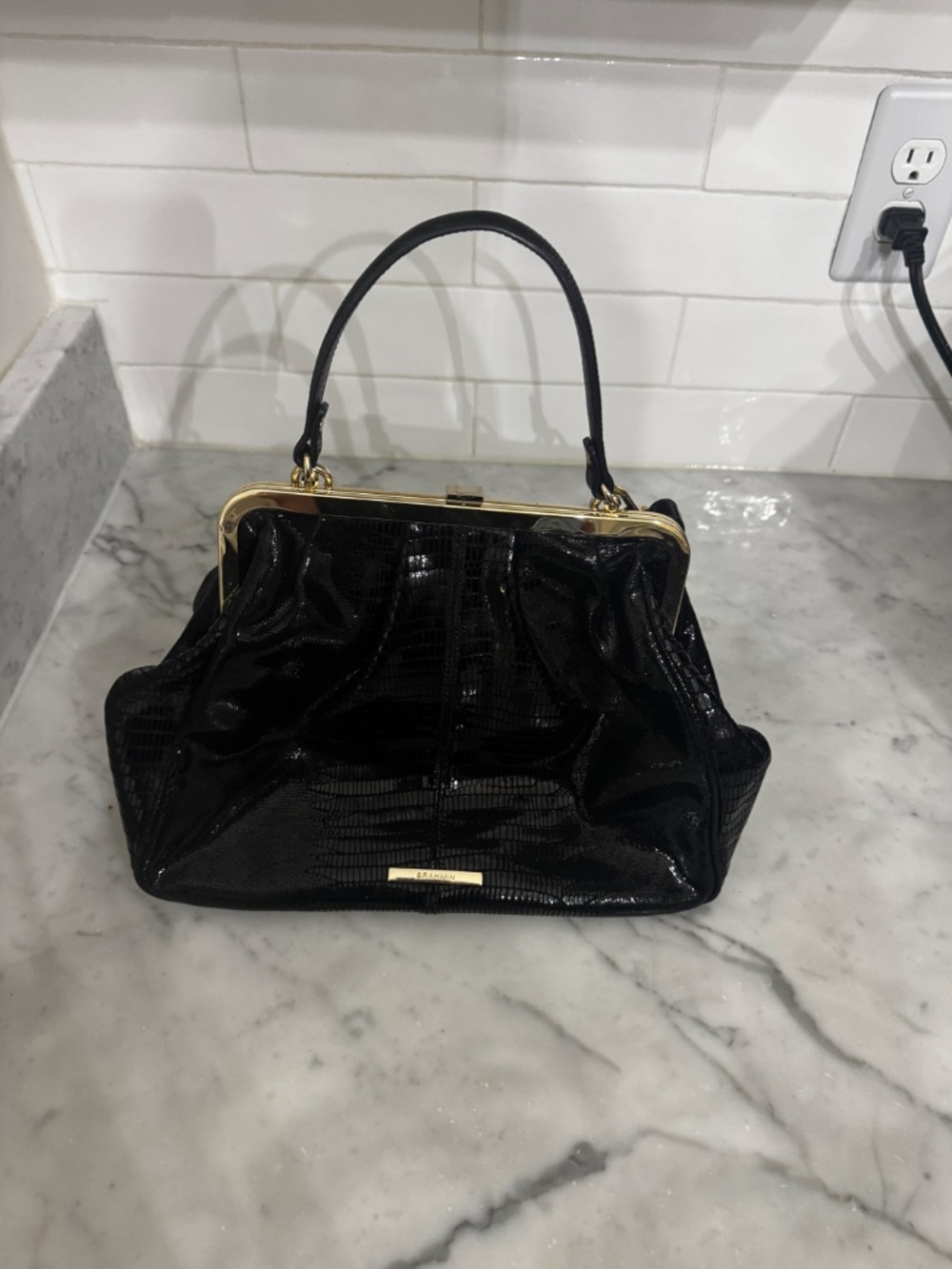 Brahmin Black Embossed Leather Frame Satchel Shoulder Bag Gold Hardware - Picture 4 of 6